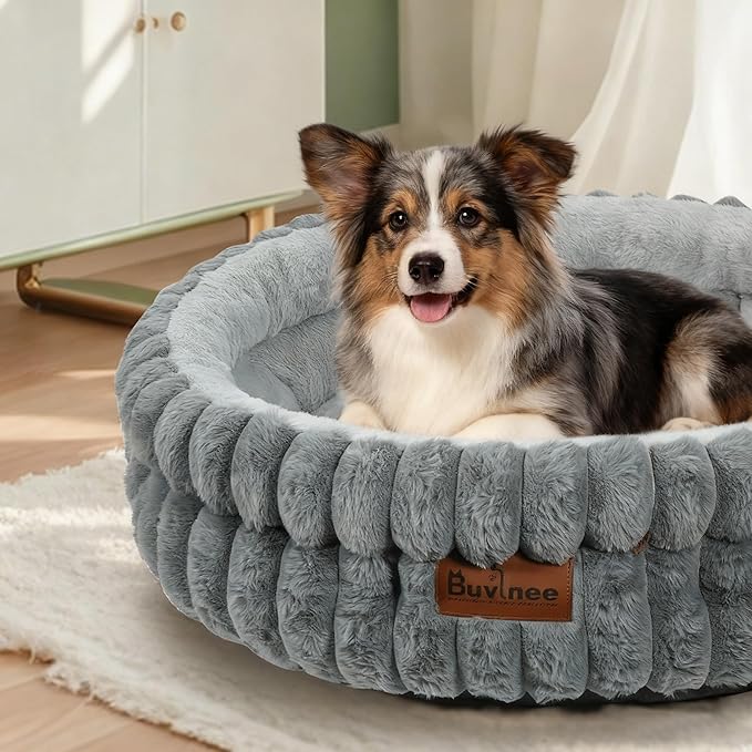 Cat Beds for Indoor Cats, Washable Round Bed for Small Dogs, Soft Pet Bed for Puppy and Kitten with Anti-Slip Bottom (Gray, 24in)