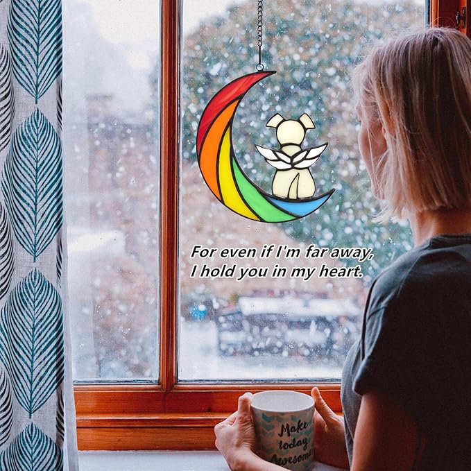 Stained Glass Rainbow Bridge Dog Memorial Gifts for Loss of Dog Sympathy Remembrance Suncatcher, Angel Wings Pet Loss Bereavement Gifts in Memory of Pet Passing Away Window Hanging.