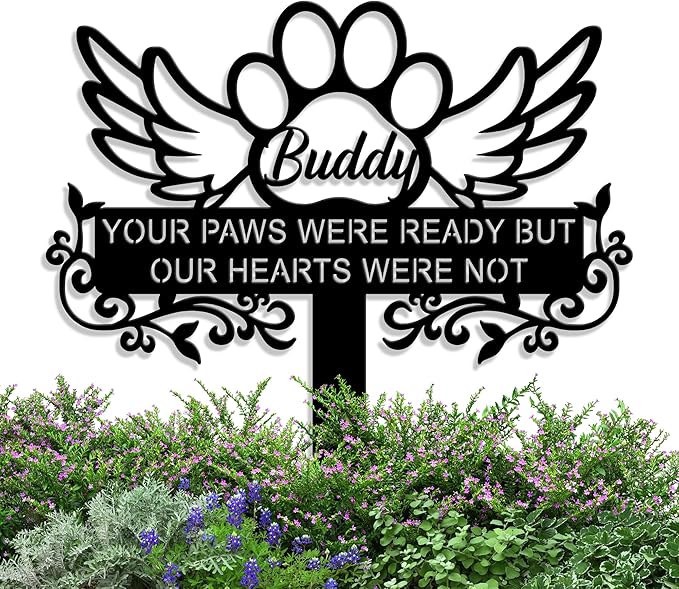 Personalized Angel Pet Memorial Grave Marker Dog Cat Paw, Custom Pet's Name Cemetery Decorations for Funerary, Metal Pet Burial Garden Stake, Outdoor Sympathy Angel Handstone Stake Plaque Gift for Loss Dog Cat