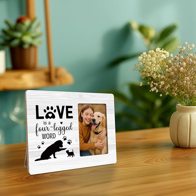 Pet Lover Gifts Picture Frame, Paw Print Photo Frame for Cat Dog, Pet Memorial Gift, Love is a Four-legged Word Frames Fits 4x6 Photo
