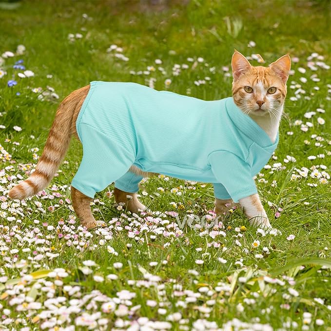 Sticky Hair Cat Clothes, Breathable & Lightweight, Reduces Shedding Fur Pajamas, Full Body Long Sleeve Surgical Bodysuit, Stop Licking & Shedding,Blue,L