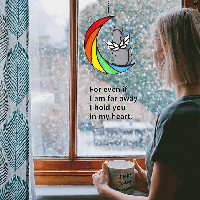 Grey Cat Memorial Gifts for Loss of Cat Sympathy Suncatcher, Rainbow Bridge Pet Memorial Bereavement Gifts, Stained Glass Window Hangings for Pet Lovers Loss