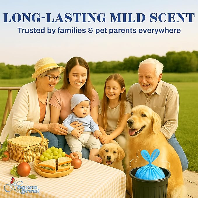 Heaven Scent Dog Poop Bags with Easy Tie Handles | Baby Powder Scented Waste Bags | blue Doggie Poop Bags for Dog Walkers | MADE IN THE USA