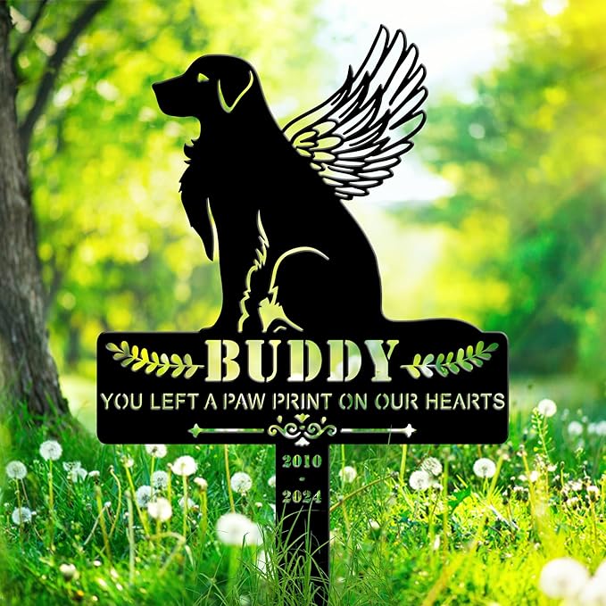 Personalized Dog Memorial Grave Marker, Custom Pet's Name Cemetery Decorations for Funerary, Metal Dog Burial Garden Stake, Outdoor Sympathy Angel Handstone Stake Plaque Gift for Loss