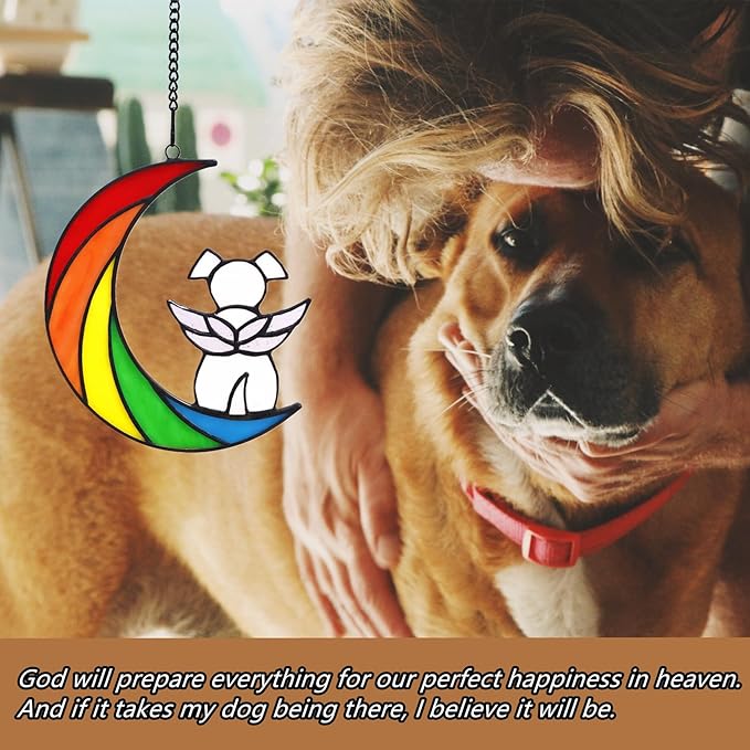 Stained Glass Rainbow Bridge White Dog Memorial Gifts for Loss of Dog Sympathy Remembrance Suncatcher, Thoughtful Pet Loss Bereavement Gifts in Memory of Pet Passing Away Window Hanging.