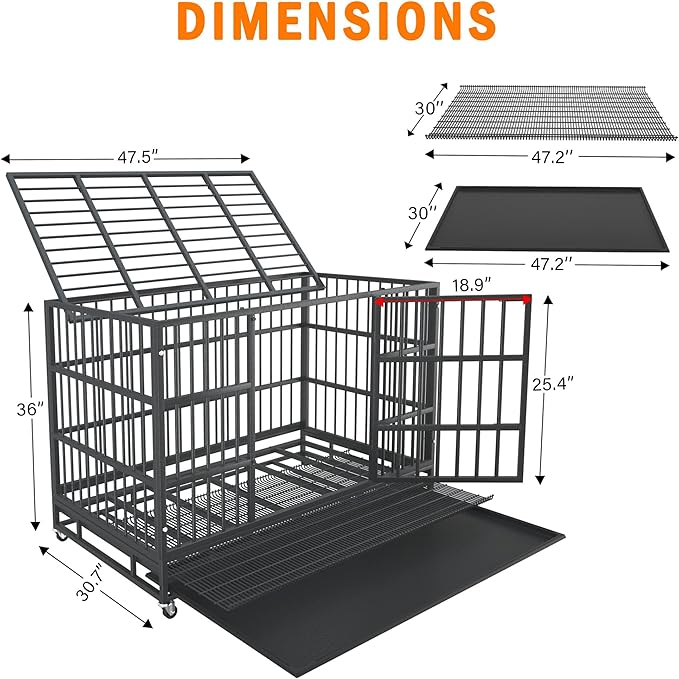 54/48/42/38 inch Heavy Duty Indestructible and Escape-Proof Dog Crate Cage Kennel for Large Dogs, High Anxiety Dog Crate with Removable Wire Trays and Wheels, Extra Large XL XXL