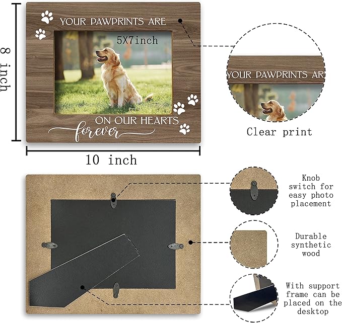 FONDCANYON Your Pawprints are Forever in Our Heart Pet Memory Picture Photo Frame,Pet Dog Cat Memorial Picture Frames,Pet Loss Sympathy Gift,Passed Away Dog Memorial Gifts(5x7 Inch Photo)