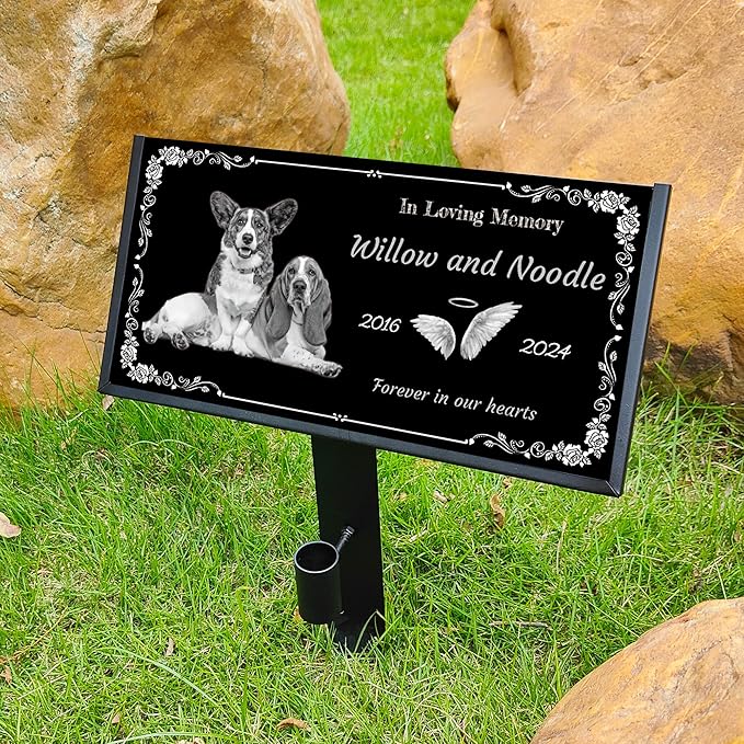 Personalized Pet Memorial Stones with Photos, Custom Engraved Black Granite Headstone, Gifts for Lost Pets