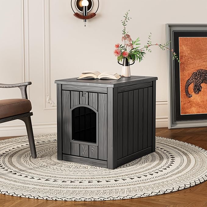 LHBcraft Outdoor Cat House Weatherproof Insulated for Winter Outside, Feral Cat Houses for Outdoor Indoor Cats Shelter, Durable Resin Shelter for Garden, Patio, Easy to Assemble Black