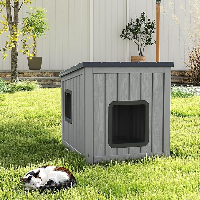 LHBcraft Outdoor Cat House Weatherproof, Clawsable Cat Houses for Outdoor Indoor Cats, Feral Cat House Shelter, Resin Insulated Material, Emergency Exit Easy to Clean and Install, Black
