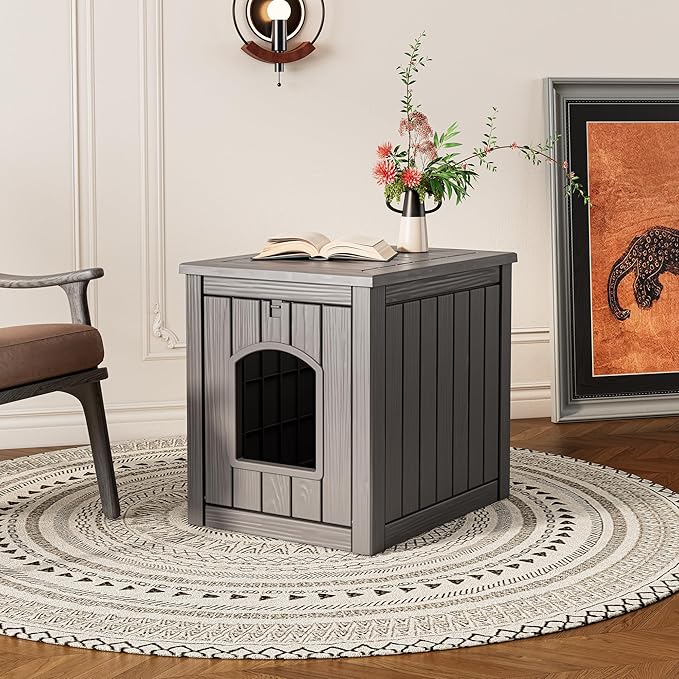 LHBcraft Outdoor Cat House Weatherproof Insulated for Winter Outside, Feral Cat Houses for Outdoor Indoor Cats Shelter, Durable Resin Shelter for Garden, Patio, Easy to Assemble Grey