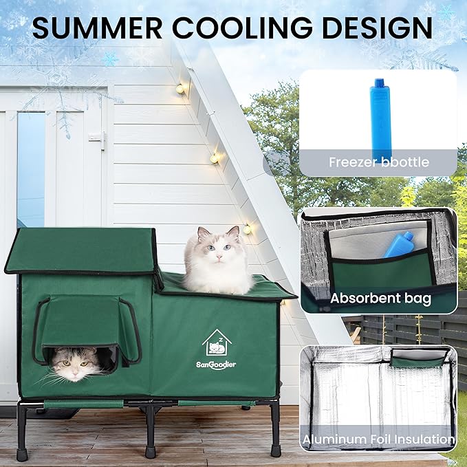 Outdoor Cat House Weatherproof, Clawsable Cat Houses with Insulation Layer, Foldable Cats Shelter, Large Cave Bed for Pets Up to 55lbs for Garden, Patio, or Backyard (Green-L)