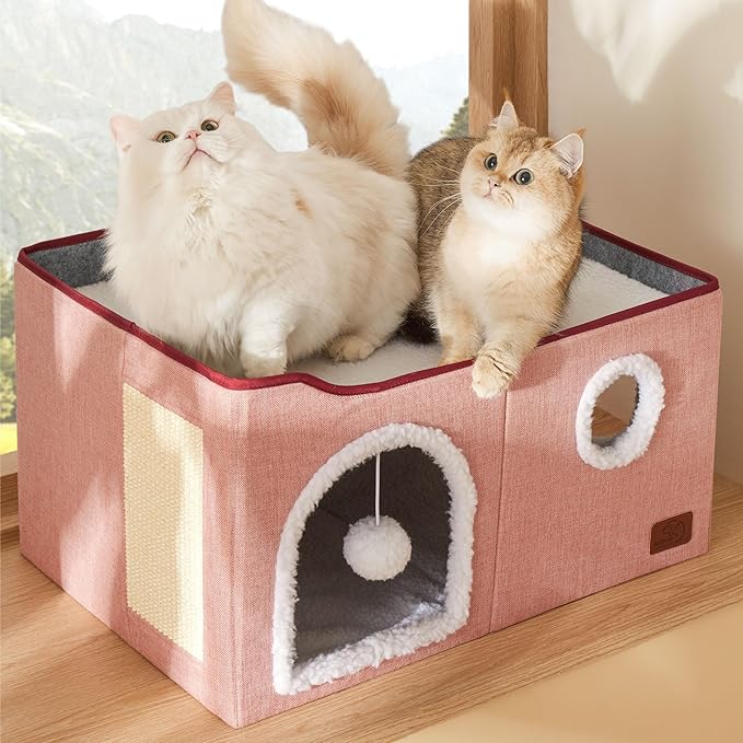 Bedsure Large Cat Beds for Indoor Cats - Extra Wide Cat Cube House for Small Pet with Fluffy Ball Hanging and Scratch Pad, Foldable Pet Cave Hideaway for Multiple Cats, 23.6x16.9x13 inches,Pink