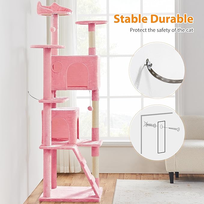 Yaheetech XL Cat Tree, 80in Multi-Level Tower w/Scratching Posts, Double Cat Condo, Perched Platforms & Dangling Balls, Activity Center for Kittens & Pets, Pink