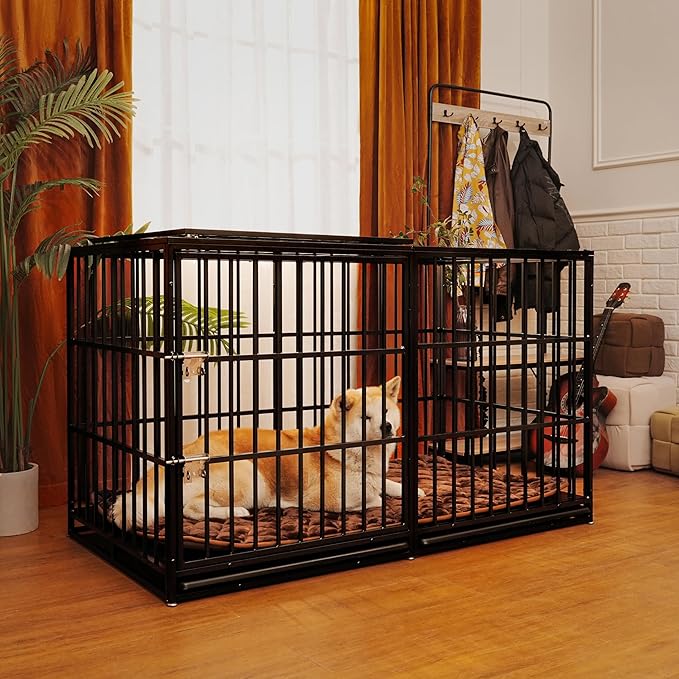 61 Inch Heavy Duty Dog Crate Indestructible and Escape-Proof Dog Crate Cage Kennel for Large/Medium Dogs Extra Large XL XXL with Mat Removable Tray Double Door