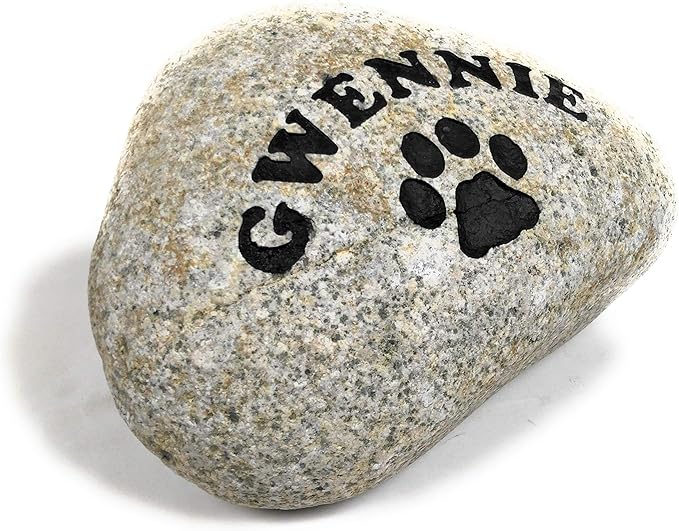Personalized River Stone Pet Memorial Stones Headstone Grave Marker for Dog or Cat 8 inches to 10 inches Natural Rock Customized with Name and Paw Print