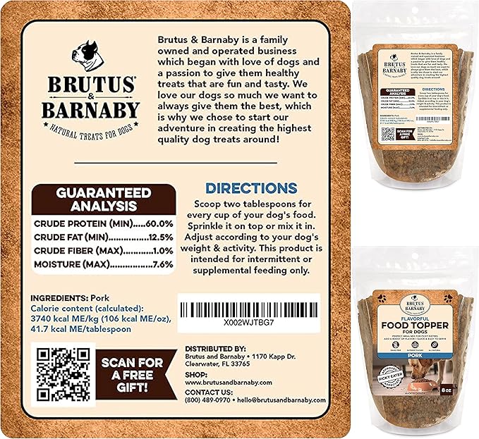 BRUTUS & BARNABY Dog Food Topper - Pork - Enhance Your Dogs Kibble with This Bacon Flavor Packed Mix - Sprinkle On Dog Food Flavoring for Picky Eaters - Just One Single Ingredient