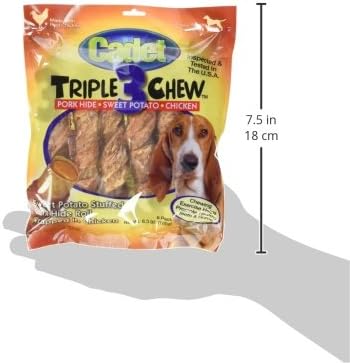 Cadet Gourmet Triple Chews Long-Lasting Pork Hide Sticks with Sweet Potato and Chicken, Healthy Dog Treats for Small & Large Dogs, 6 Count (Pack of 2)