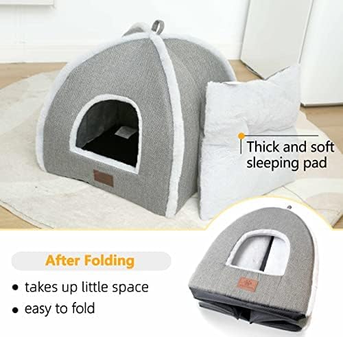 Cat Beds for Indoor -Cat Cave House Tent for Kittens and Laege Pets with Removable Washable Cushioned, Foldable Kitten Hideaway with Non-Slip Bottom, Grey, 17.5 inches