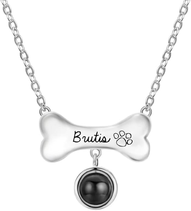 Custom Pet Necklace With Dog Bone Photo Projection Pendant 925 Sterling Silver Personalized Name and Dog Picture Necklace With Paw Print Pet Memorial Jewelry Gifts For Women Mother Wife