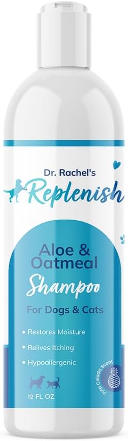 Replenish Aloe and Oatmeal Dog Shampoo - Hypoallergenic Pet Shampoo for Allergies & Sensitive Skin, Medicated Dog Shampoo for Itching Relief & Oatmeal Bath for Dogs Dry Flaky Skin Treatment – 12 Oz