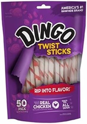 Dingo Twist Sticks, Premium Rawhide Treats for Dogs Made with Real Chicken 50-Count (Pack of 4)