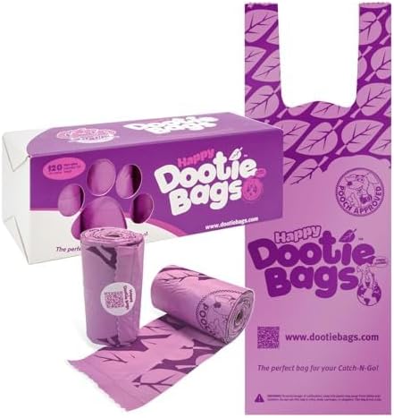 Happy Dootie Bags 10 Rolls.120 Bags with Handles. Clean, Quick and Convenient Pet Dog Poop Cleanup on Walks with Your Furry Friend. Made with Corn Starch. Strong and Leakproof. (Medium Size)
