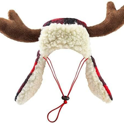 Huxley & Kent Pet Hat | Antler Buffalo Check (Extra-Large) | Festive Christmas Holiday Accessory for Dogs/Cats | Holiday Pet Hat | SnugFit Sliding Toggles for Best Fit