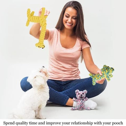 SunGrow Cotton Rope Knot Puppy & Ferret Toys, Tough Teething Chewable Teddy Bear, Giraffe, and Dog, Handwoven for Small Breeds Dog, for Teeth and Gums, Multicolor, 3 Pieces per Pack