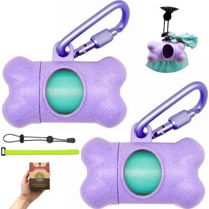 Dog Poop Pickup Bags Holder Dispenser with Standard-Sized Leak-Proof Scented Doggy Waste Bags and Carabiner Hook and Loop Fastener Never Loose on Leash Lead Again (2 Holder 30 Bags, Purple)