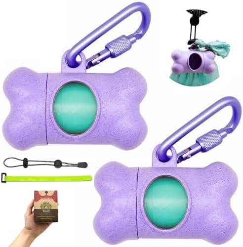 Dog Poop Pickup Bags Holder Dispenser with Standard-Sized Leak-Proof Scented Doggy Waste Bags and Carabiner Hook and Loop Fastener Never Loose on Leash Lead Again (2 Holder 30 Bags, Purple)