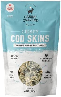 Canine Cravers Single Ingredient Dog Treats – Wild Caught Crispy Cod Skins - Human Grade Air Dried Hypoallergenic Pet Food – Grain, Gluten, and Soy Free – 100% All Natural – 4 oz