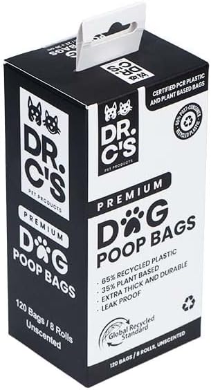 Certified 65% PCR (Post Consumer Recycled) Plastic and 35% Plant Based Dog Poop Bags - Dr. C's Premium Dog Poop Bags - 120 Bags / 8 Rolls, Extra thick, Leak Proof, Unscented, Earth Friendly