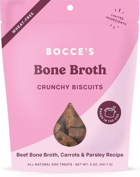 Bocce's Bakery Oven Baked Bone Broth Treats for Dogs, Wheat-Free Everyday Dog Treats, Made with Real Ingredients, Baked in The USA, All-Natural Biscuits, Beef Bone Broth, Carrots, & Parsley, 5 oz