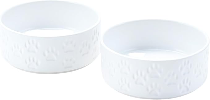 SPUNKYJUNKY Ceramic Dog Bowls 2 Pack, 7.3'' Dog Food Water Double Feeding Bowls Non-Slip for Medium to Large Sized Breed Microwave Dishwasher Safe - 42 OZ, 2pcs, Paw White