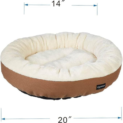 Amazon Basics Round Bolster Pet Bed for Dog or Cat with Flannel Top, 20.0" L x 20.0" W x 8.0" Th, Brown and Ivory (Pack of 6)