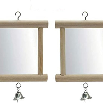Bird Mirror Wooden Hanging Swing Interactive Play Toys for Small Parrot Budgies Macaw African Grey Parakeet Cockatiel Conure Lovebird Cage Accessories (Bird Mirror with Bell-2 PCS)