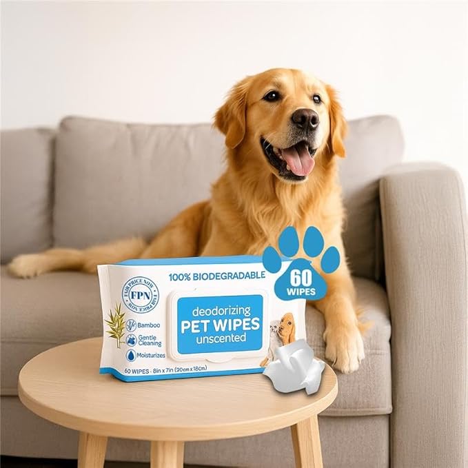 FPN Pet Wipes 240 Pcs – Unscented Bamboo Grooming Wipes for Dogs & Cats Cleaning – No Alcohol or No Harsh Chemicals – Soft – 7x8 in 60 x 4