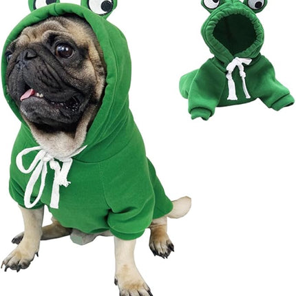 Happy Dog Hoodies for Small Dogs and Cats - Funny Puppy Sweatshirt Coat - Winter, Halloween Frog Costume - Green, Large