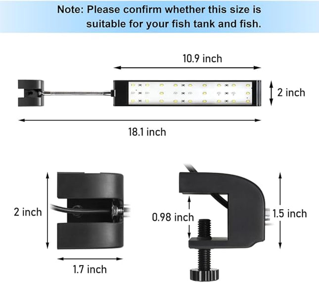 Aquarium Light Small LED Clip Light for Fish Tank 10W, 1 Yr Warranty