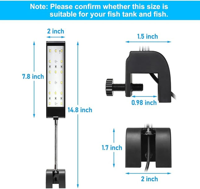 Aquarium Light Small LED Clip Light for Fish Tank 7W with Timer&Dimmer, 1 Yr Warranty