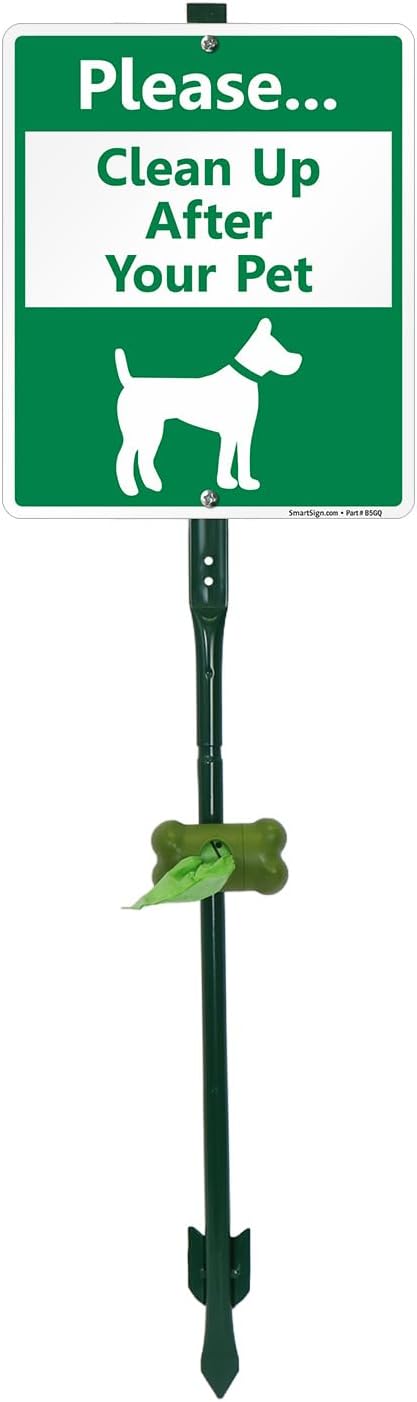 SmartSign Please Clean Up After Your Pet Yard Sign & Clip-On Plastic Dispenser Combo/Kit, 10"x12" Aluminum Sign with 3ft Steel Stake, Compact Dispenser Preloaded with a 15 Dog Poop Bags Roll