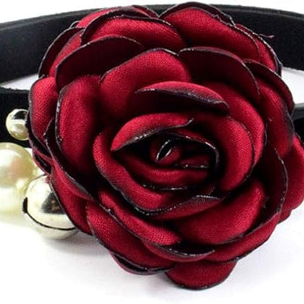 Everflowering Rose Flower Cat Dog Collar Bow Tie - Suede Puppy Necklace with Bell - Chihuahua Yorkie Girl Clothes Costume Outfits Accessory, Adjustable and Handmade (Red, Size S)