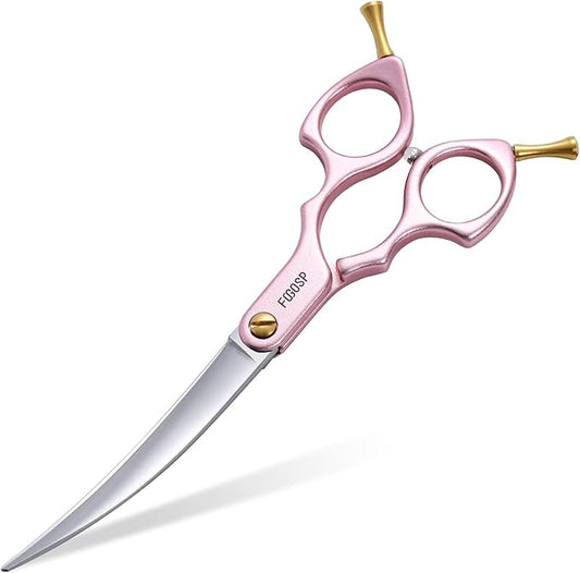 Professional Curved Dog Grooming Scissors with Sharper Self Grinding lightweight and finely trimmed split structure 6.5'' Japan VG10 63HRC for small dogs cat pet(Pink)