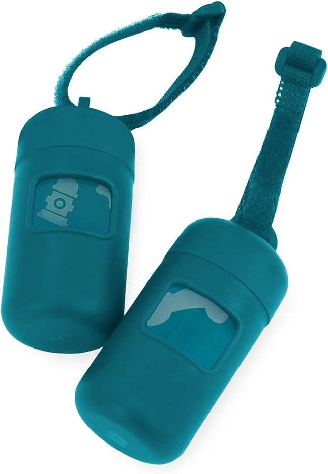 Best Pet Supplies Dog Poop Bag Holder Leash Attachment with 30 Bags, Reusable Dispenser for Travel, Walking, Park, and Outdoor Use, Durable with Clip-On - Turquoise, Pack of 2