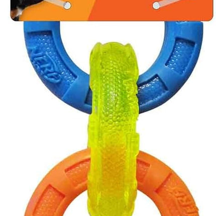 Nerf Dog 3-Ring Tug Outdoor Dog Toy, 7.5 Inch Ring Dog Tug Toy for Puppies and Small Breeds, Blue/Green/Orange
