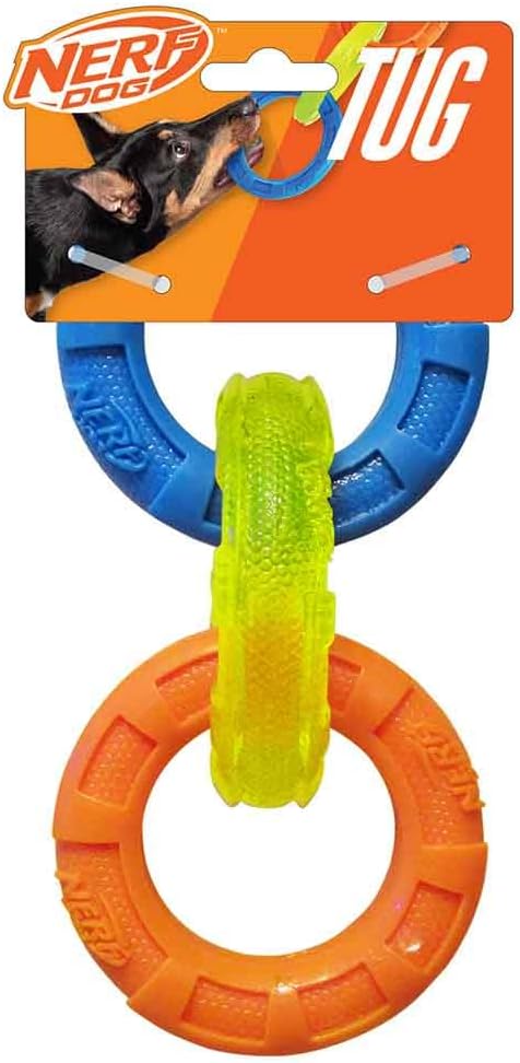 Nerf Dog 3-Ring Tug Outdoor Dog Toy, 7.5 Inch Ring Dog Tug Toy for Puppies and Small Breeds, Blue/Green/Orange