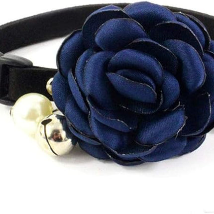 Everflowering Rose Flower Cat Dog Collar Bow Tie - Suede Puppy Necklace with Bell - Chihuahua Yorkie Girl Clothes Costume Outfits Accessory, Adjustable and Handmade (Dark Blue, Size M)