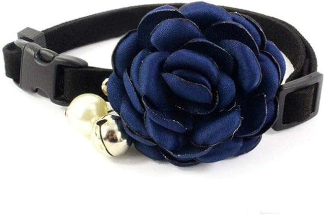 Everflowering Rose Flower Cat Dog Collar Bow Tie - Suede Puppy Necklace with Bell - Chihuahua Yorkie Girl Clothes Costume Outfits Accessory, Adjustable and Handmade (Dark Blue, Size M)
