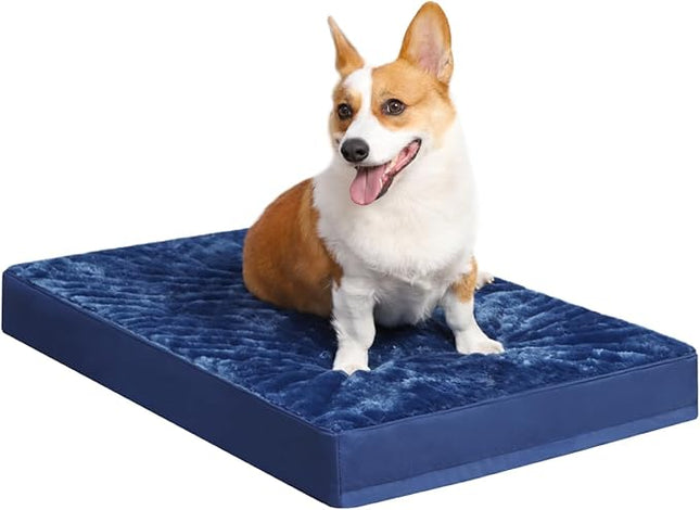 KSIIA Orthopedic Dog Crate Bed Waterproof Dog beds for Small Dogs Deluxe Plush Washable Pet Mat with Egg Crate Foam & Removable Cover, 23 x 17 Inch, Blue